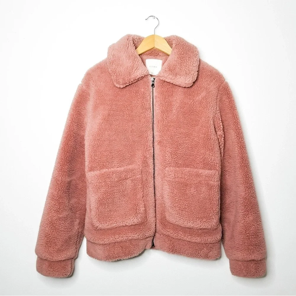Anthropologie Elodie Pink Teddy Faux Fur Sherpa Shearling Jacket w/ Pockets - Picture 2 of 9